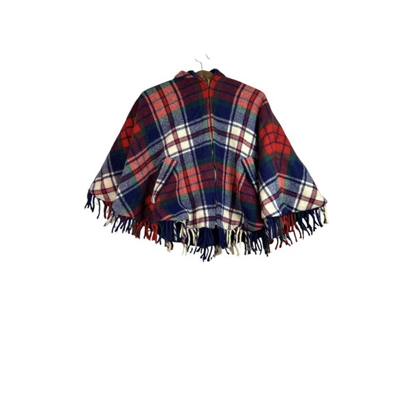 VINTAGE 50s 60s Wool Plaid Shaw Zip Blanket Poncho Hooded Lined - Picture 1 of 7